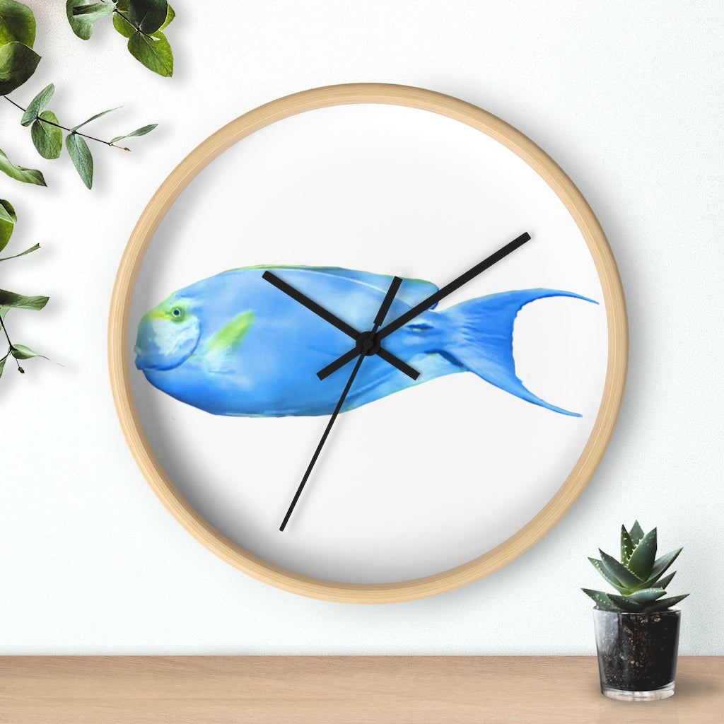 Light Blue and Yellow Fish Wall Clock with wooden frame and plexiglass face, featuring a vibrant fish design.