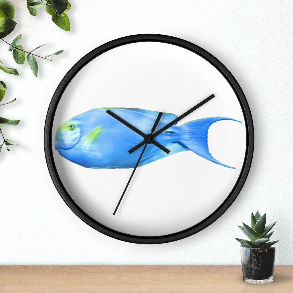 Light Blue and Yellow Fish Wall Clock with wooden frame and plexiglass face, featuring a vibrant fish design.