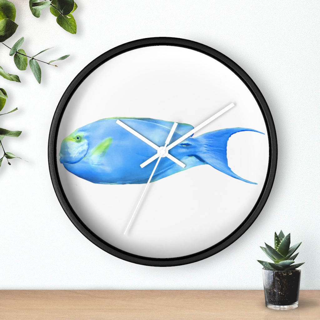 Light Blue and Yellow Fish Wall Clock with wooden frame and plexiglass face, featuring a vibrant fish design.