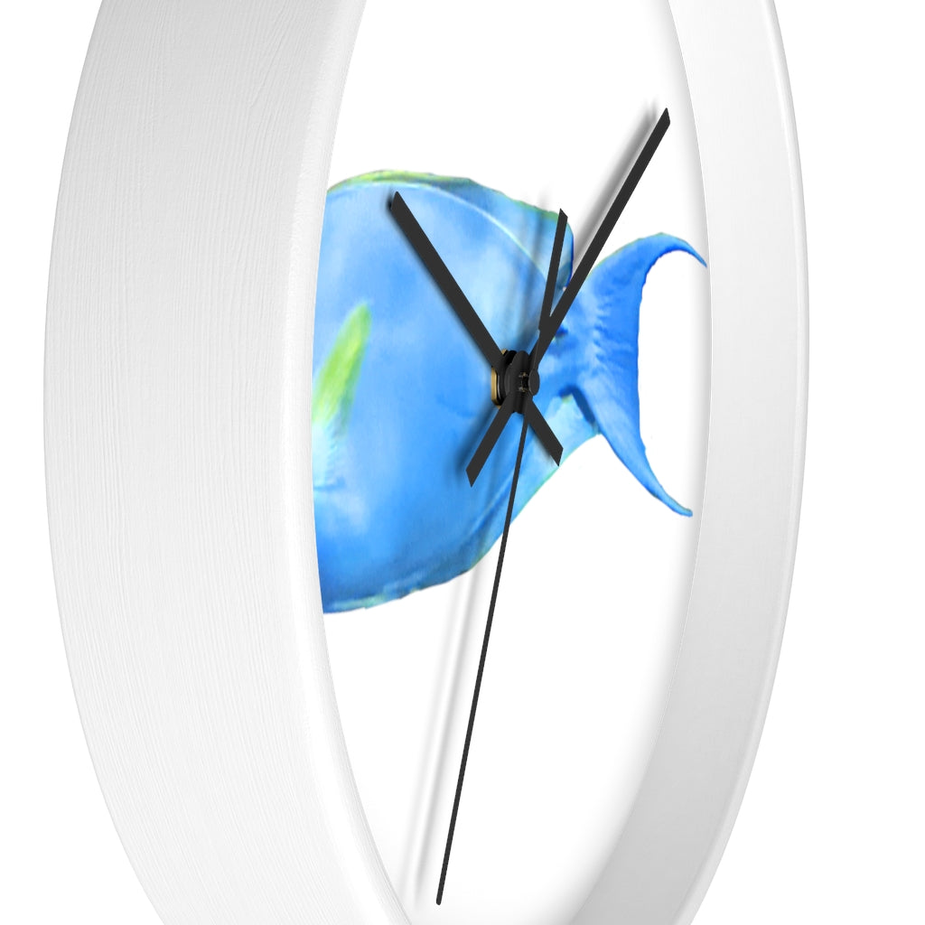 Light Blue and Yellow Fish Wall Clock with wooden frame and plexiglass face, featuring a vibrant fish design.