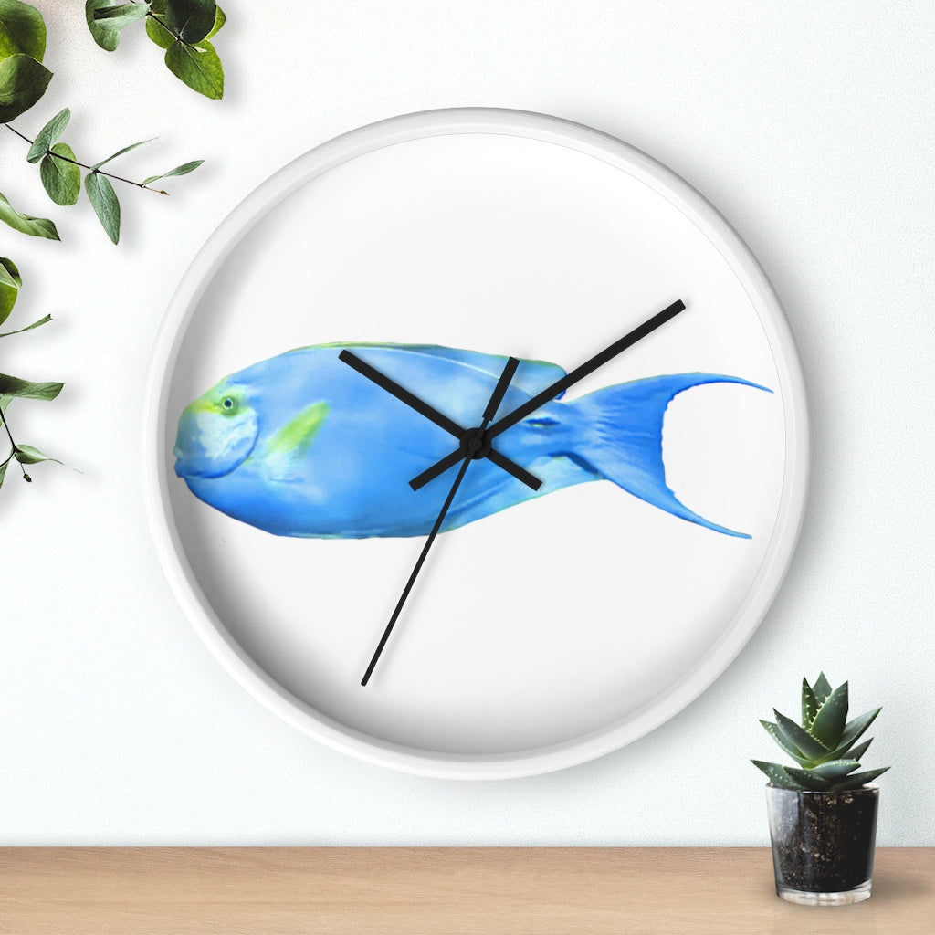 Light Blue and Yellow Fish Wall Clock with wooden frame and plexiglass face, featuring a vibrant fish design.