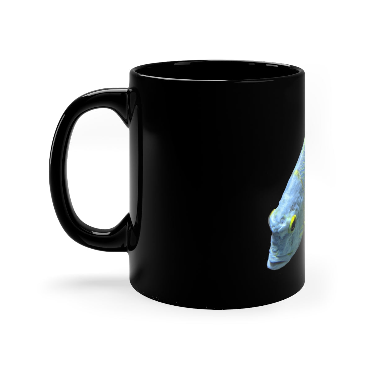 Light Blue Fish 11oz black ceramic mug with a C-handle, perfect for coffee, tea, or hot chocolate.