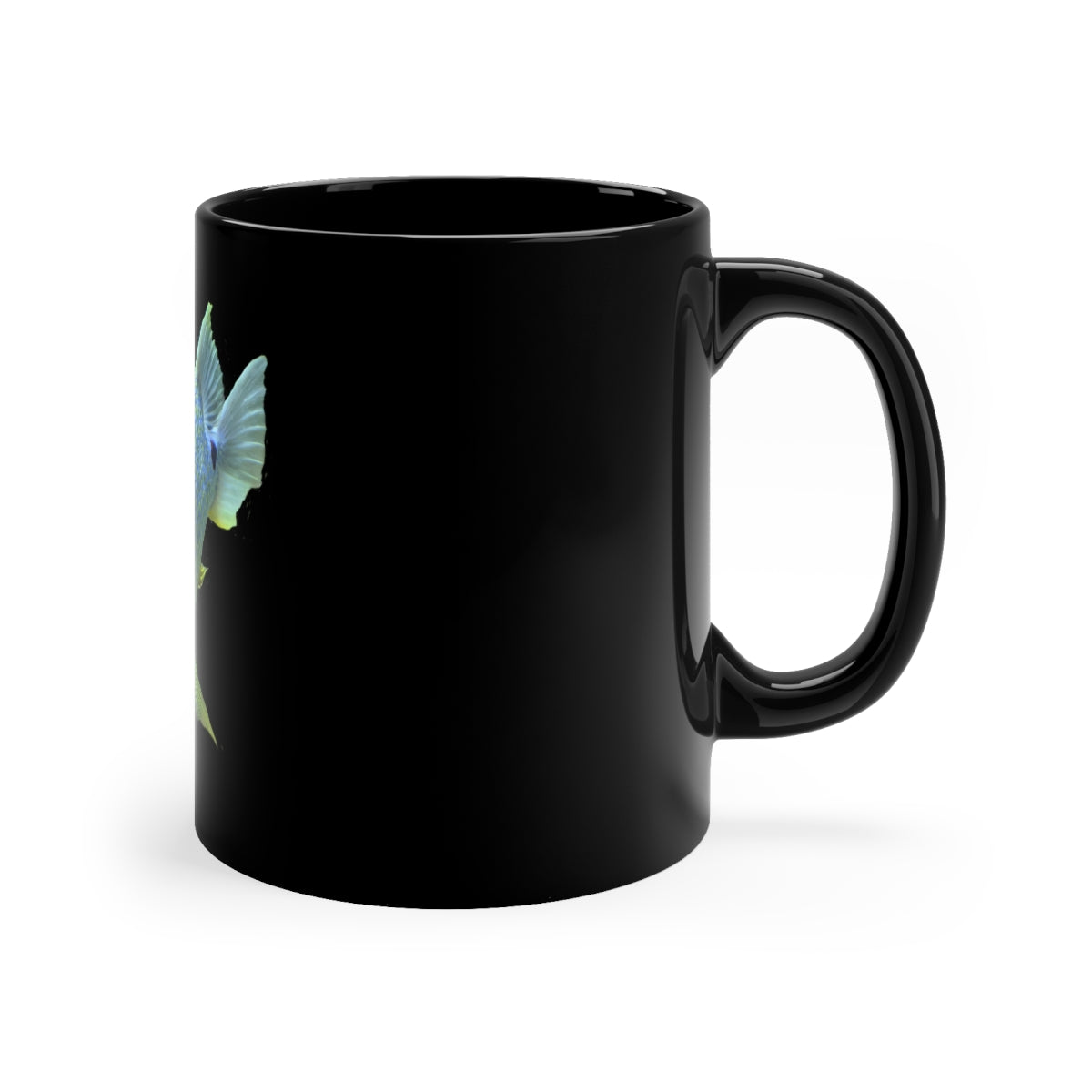 Light Blue Fish 11oz black ceramic mug with a C-handle, perfect for coffee, tea, or hot chocolate.