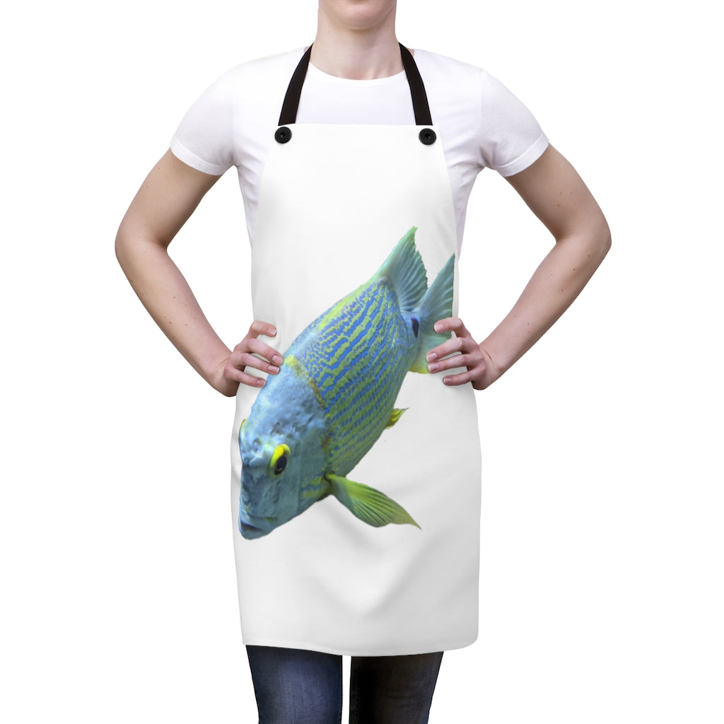 Light Blue Fish Apron featuring a vibrant fish design and black detachable twill straps, perfect for cooking and grilling.