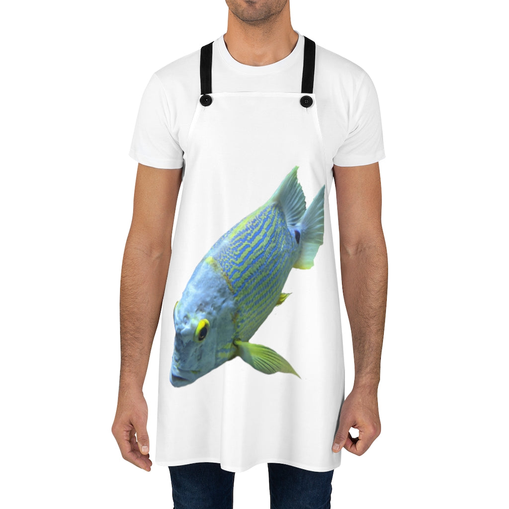 Light Blue Fish Apron featuring a vibrant fish design and black detachable twill straps, perfect for cooking and grilling.