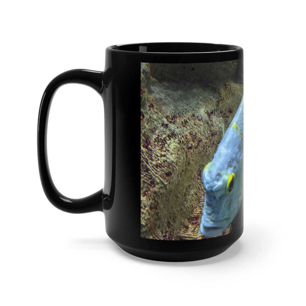 Light Blue Fish Black Mug, 15oz ceramic mug with stylish design and comfortable handle, perfect for coffee and tea lovers.