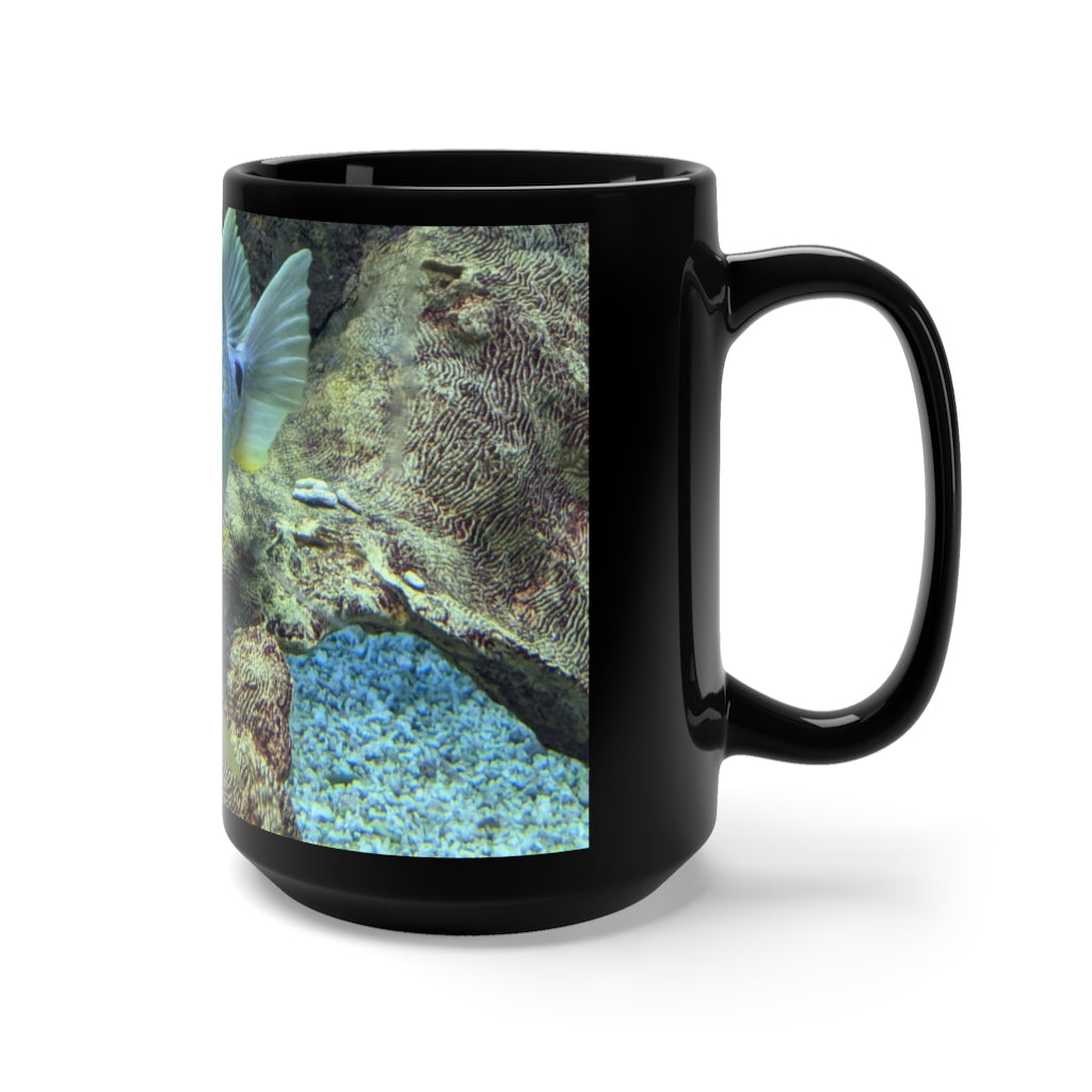 Light Blue Fish Black Mug, 15oz ceramic mug with stylish design and comfortable handle, perfect for coffee and tea lovers.