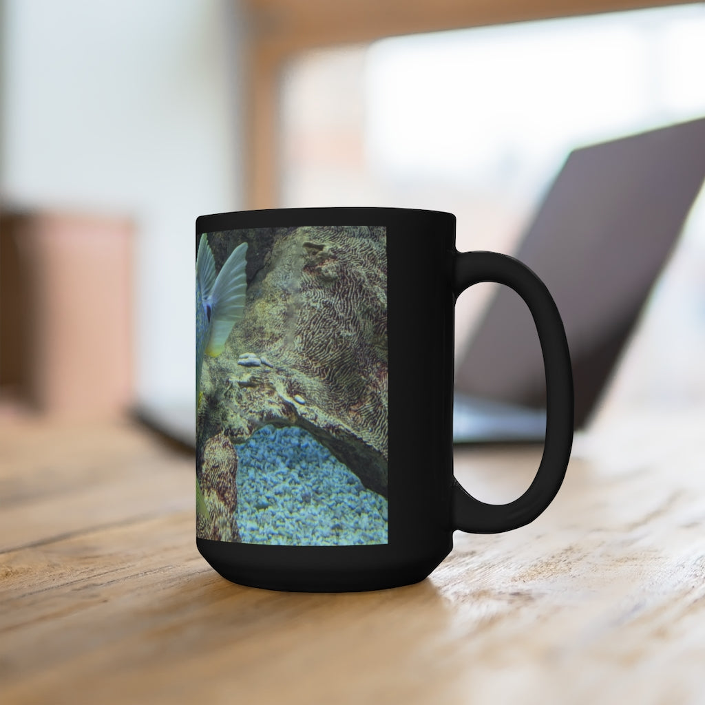 Light Blue Fish Black Mug, 15oz ceramic mug with stylish design and comfortable handle, perfect for coffee and tea lovers.