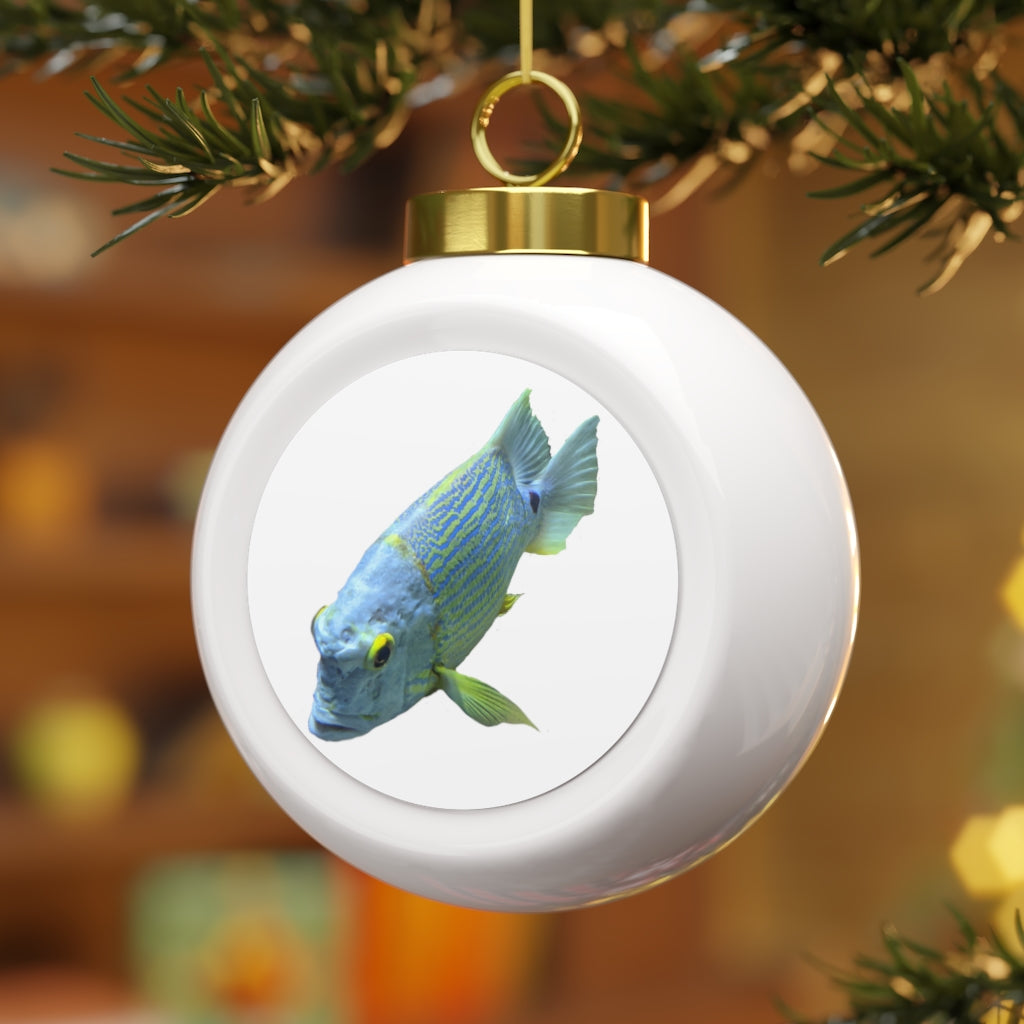 Light Blue Fish Christmas Ball Ornament with glossy finish and gold ribbon, featuring a vintage design perfect for holiday decor.