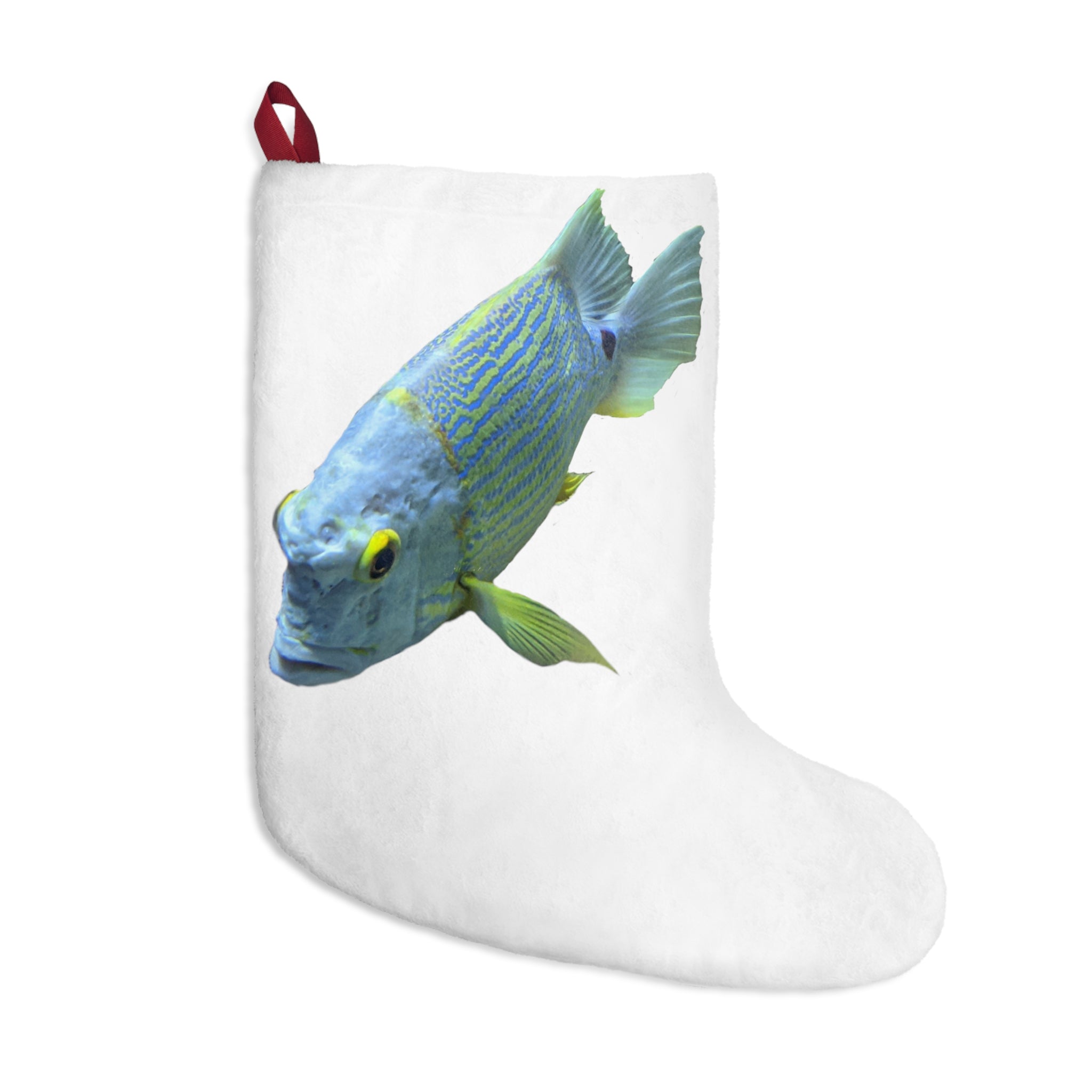 Light Blue Fish Christmas Stockings hanging by a fireplace, featuring a soft fleece material and festive design.