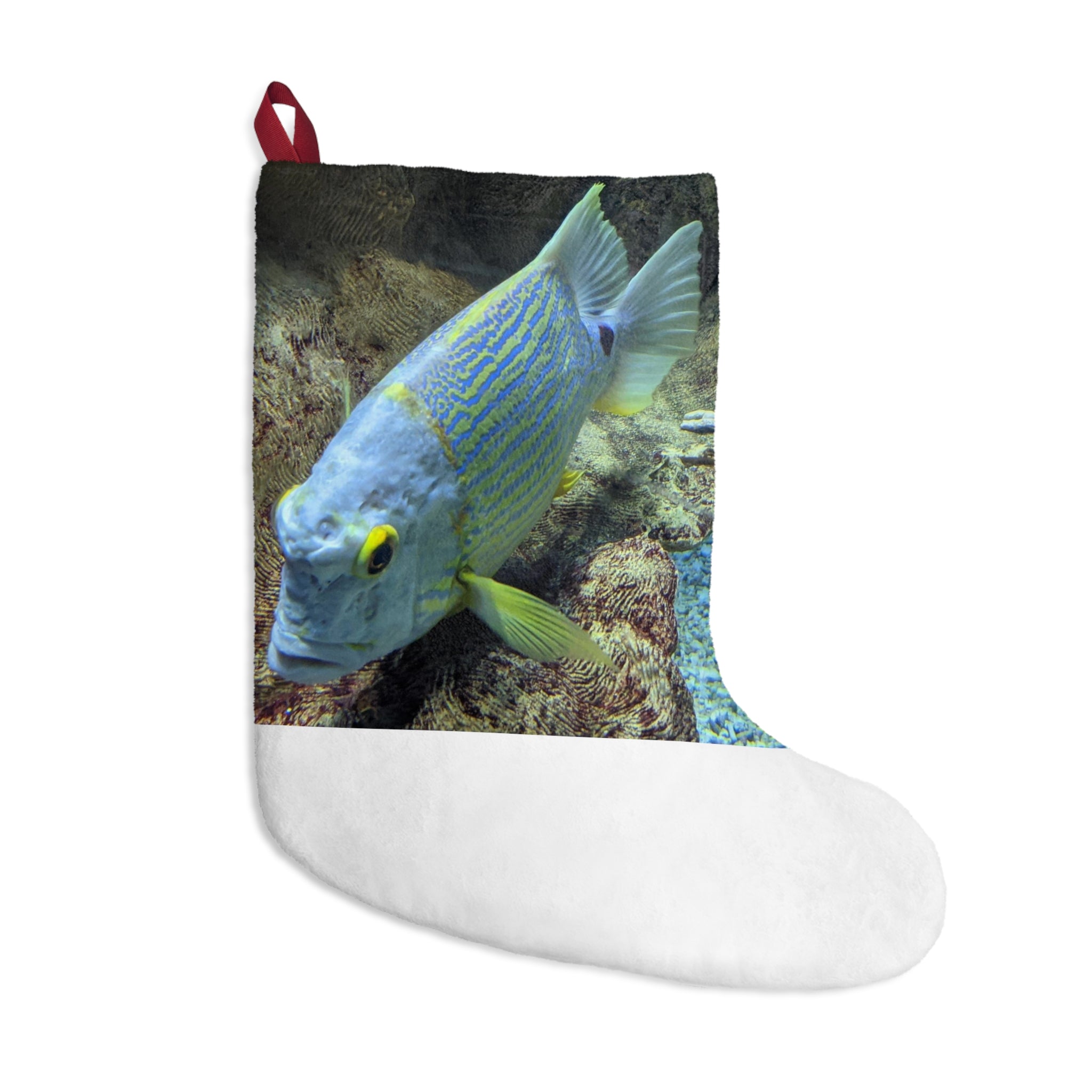 Light Blue Fish Christmas Stockings hanging by a fireplace, featuring a soft fleece material and festive fish designs.