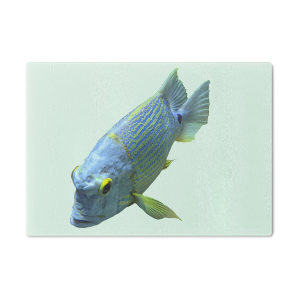 Light Blue Fish Cutting Board made of tempered glass with rubber dots for stability, featuring a unique fish design.