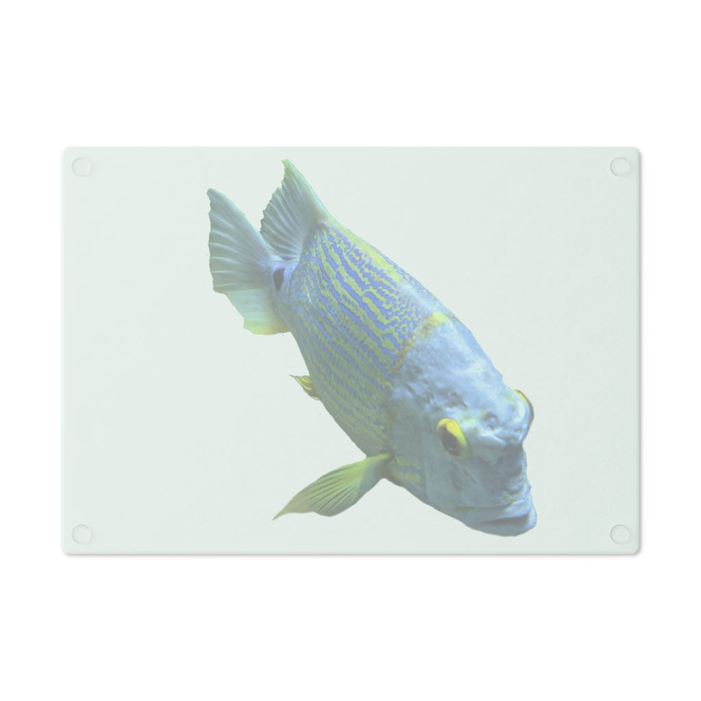 Light Blue Fish Cutting Board made of tempered glass with rubber dots for stability, featuring a unique fish design.