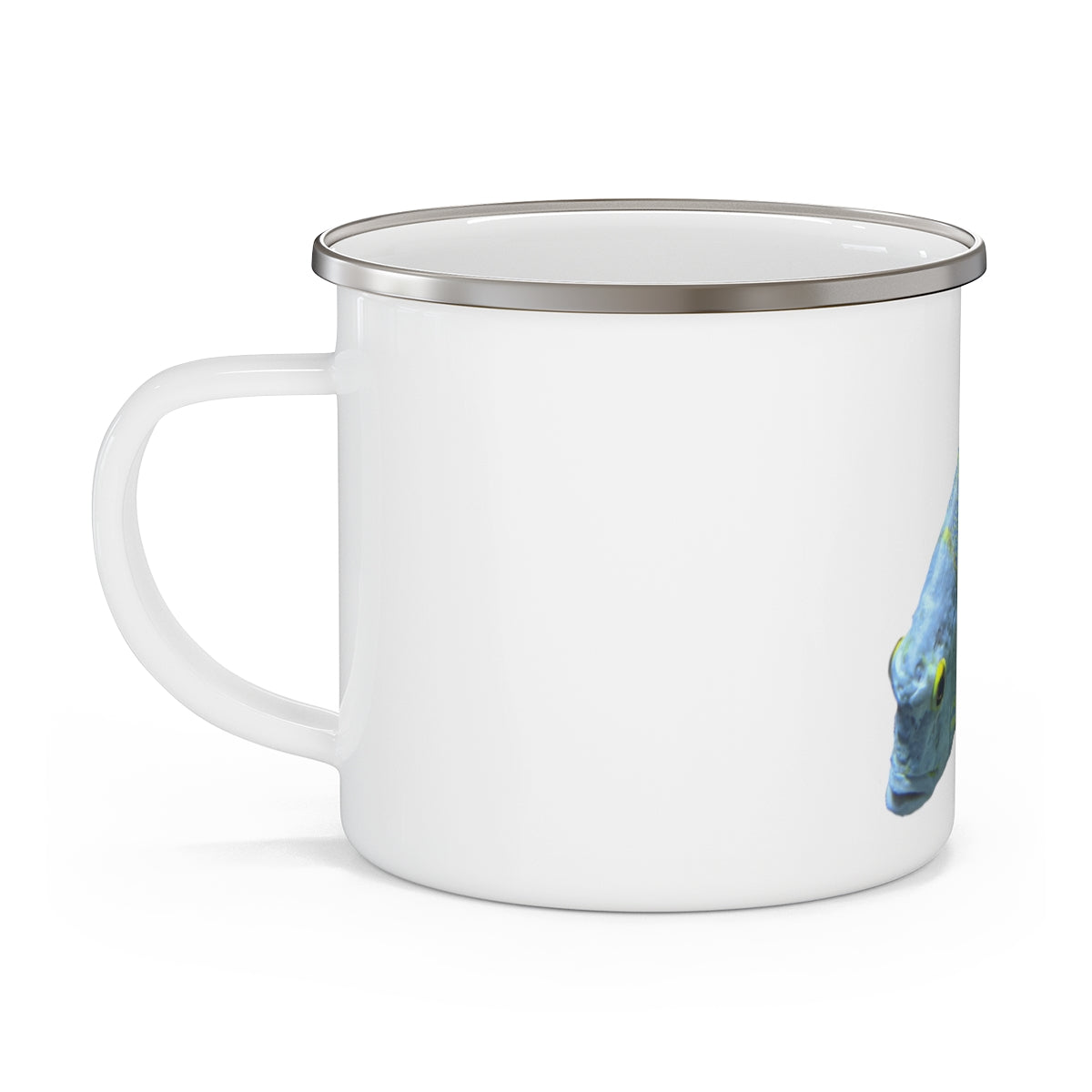 Light Blue Fish Enamel Camping Mug with a stylish fish design, perfect for outdoor adventures and personalized printing.