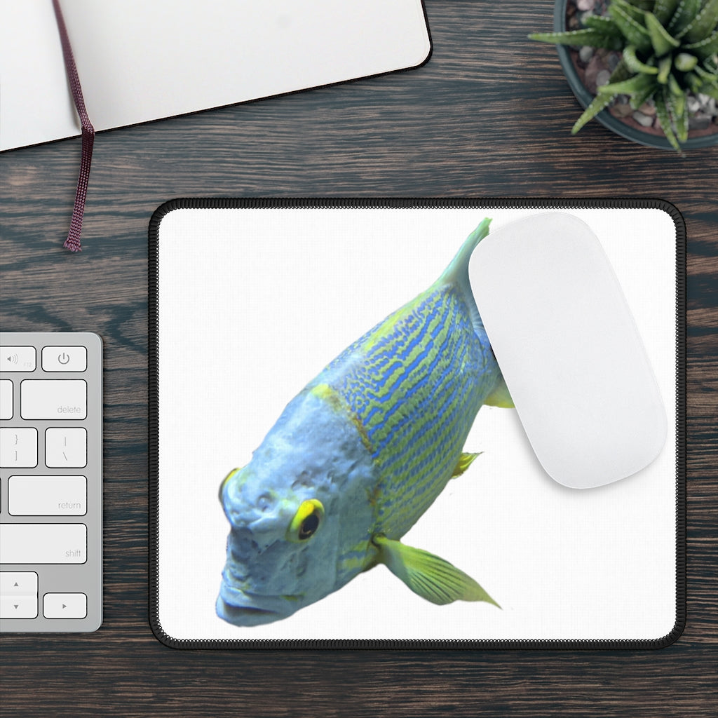 Light Blue Fish Gaming Mouse Pad featuring vibrant fish design and stitched edges, measuring 9x7 inches.