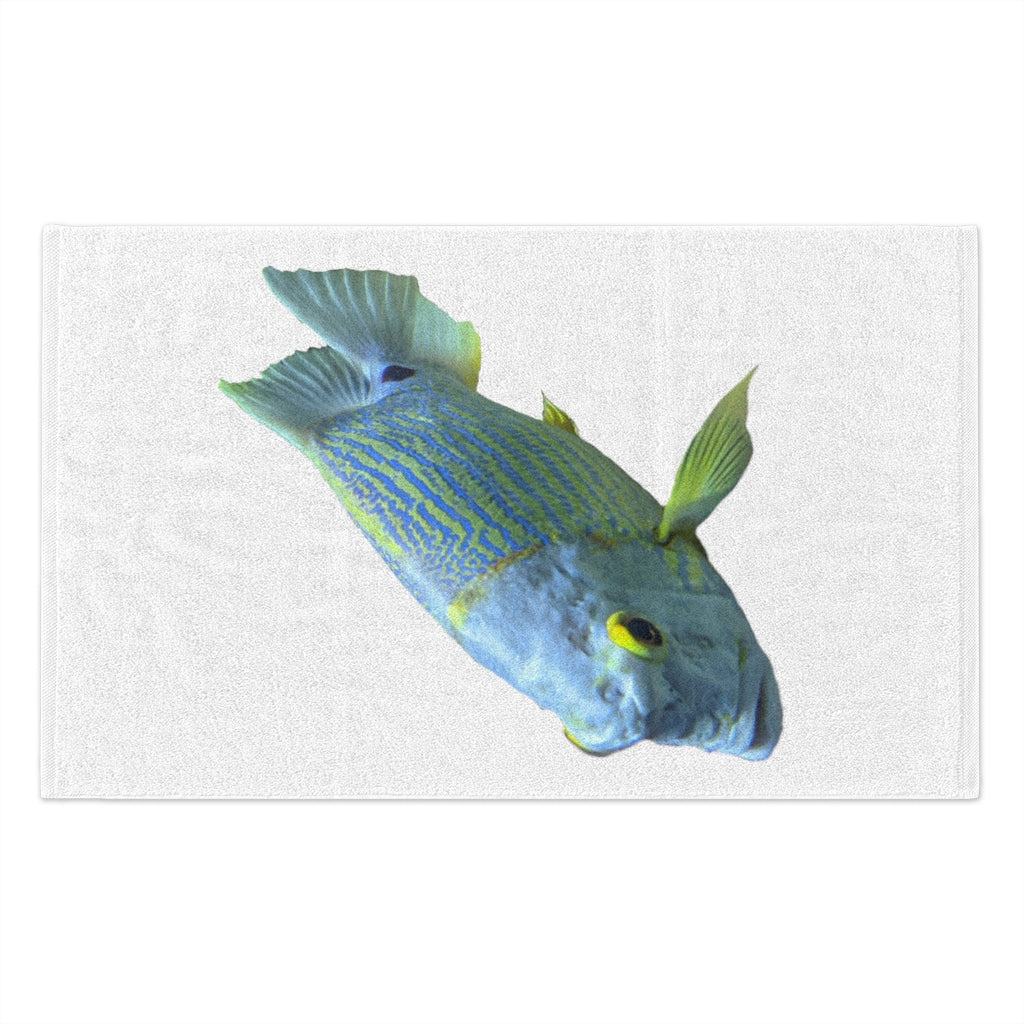 Light Blue Fish Rally Towel, featuring a soft polyester front and cotton loop backing, measuring 11x18 inches.