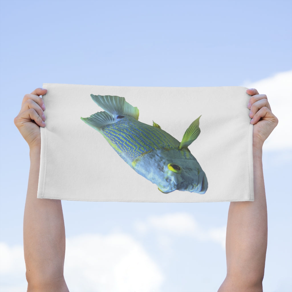 Light Blue Fish Rally Towel, featuring a soft polyester front and cotton loop backing, measuring 11x18 inches.