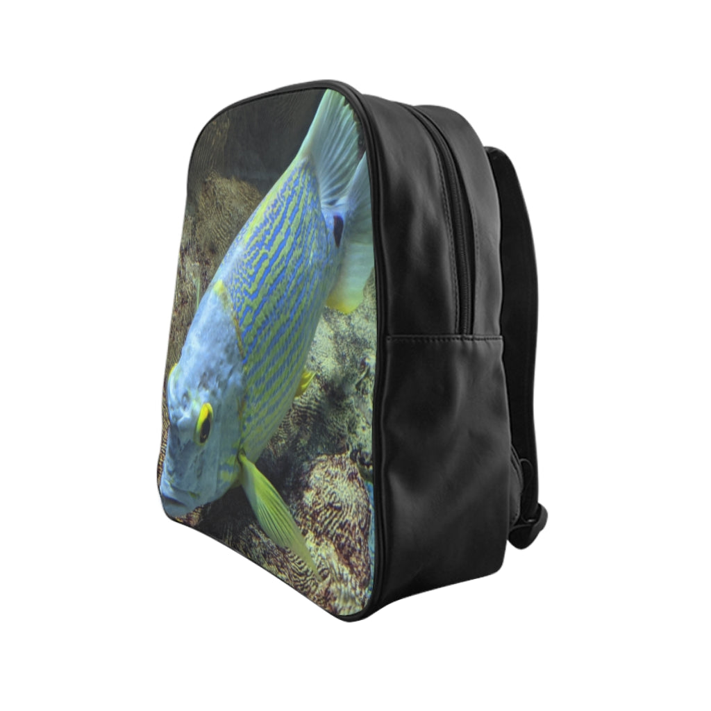 Light Blue Fish School Backpack featuring a vibrant fish print, padded back, and chocolate brown lining, perfect for school and everyday use.