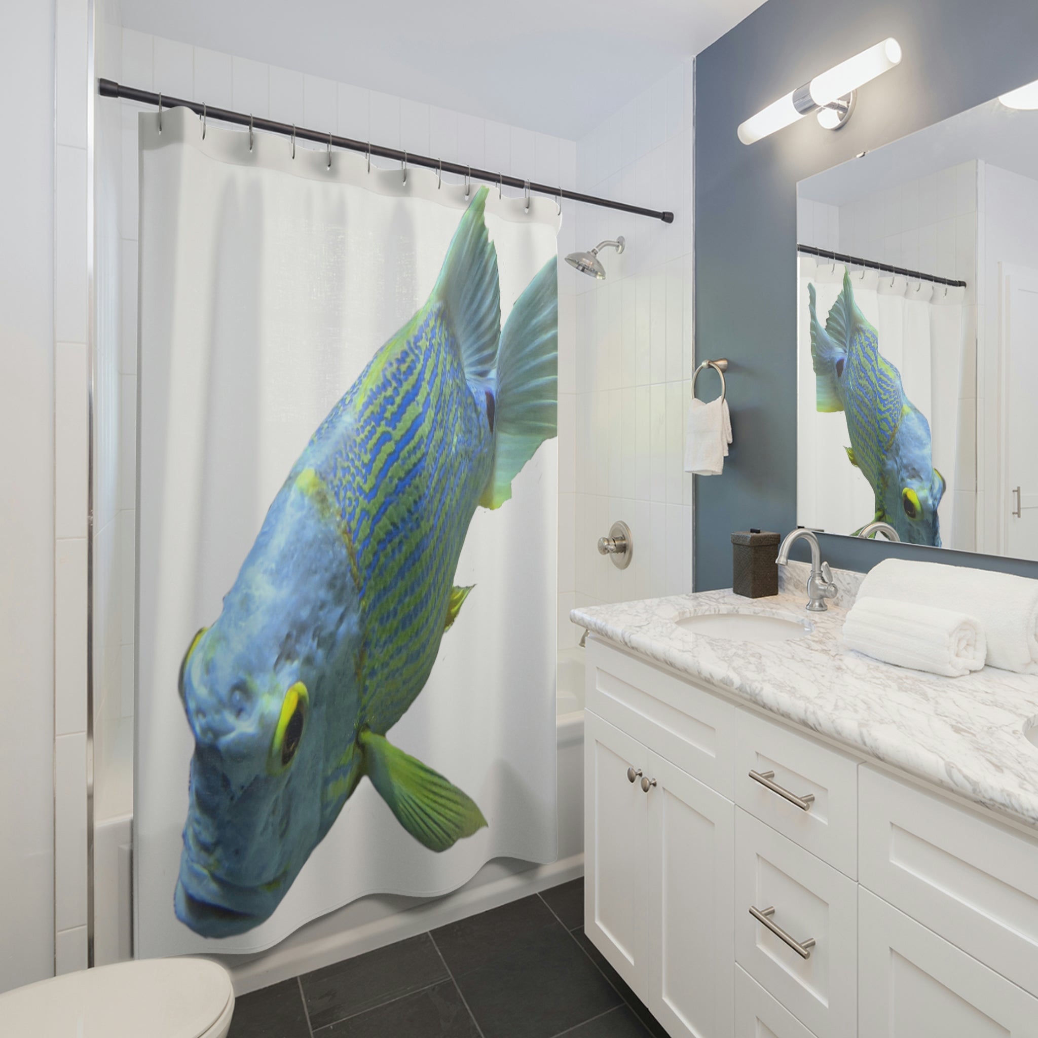 Light Blue Fish Shower Curtain featuring vibrant aquatic design on durable polyester fabric.