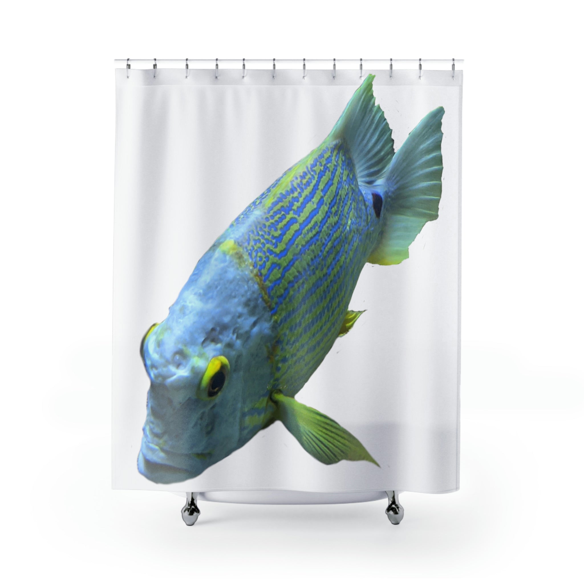 Light Blue Fish Shower Curtain featuring vibrant aquatic design on durable polyester fabric.