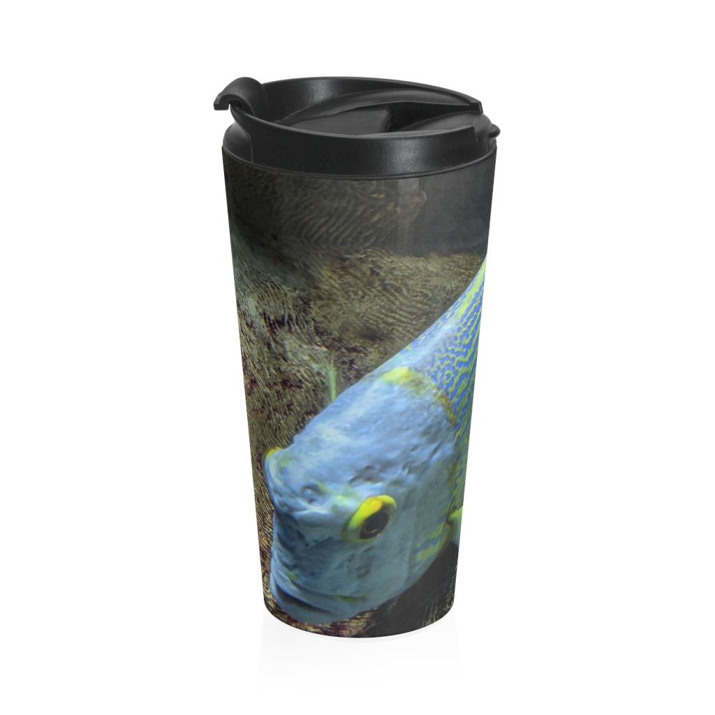 Light Blue Fish Stainless Steel Travel Mug with a stylish fish design and black plastic lid, perfect for coffee and tea lovers.