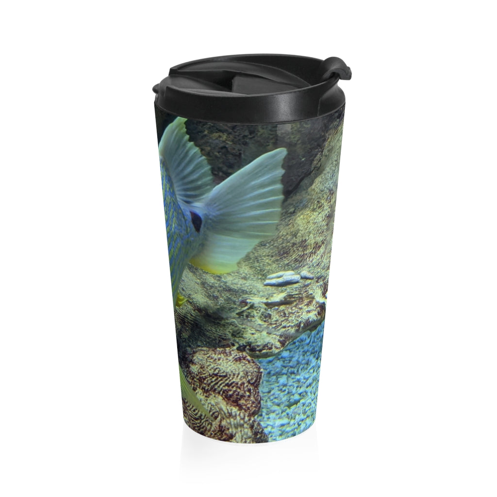 Light Blue Fish Stainless Steel Travel Mug with a stylish fish design and black plastic lid, perfect for coffee and tea lovers.