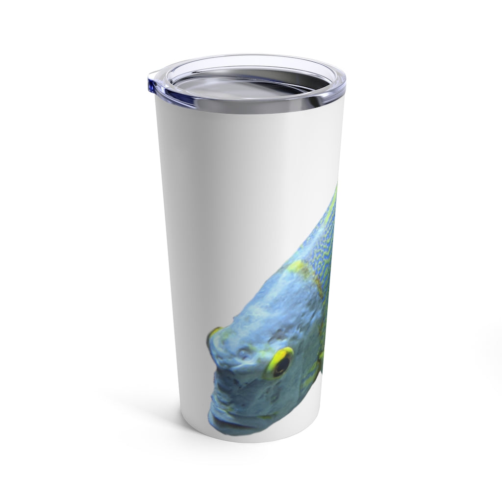 Light Blue Fish Tumbler 20oz made of stainless steel with a see-thru plastic lid, featuring a vibrant fish design.