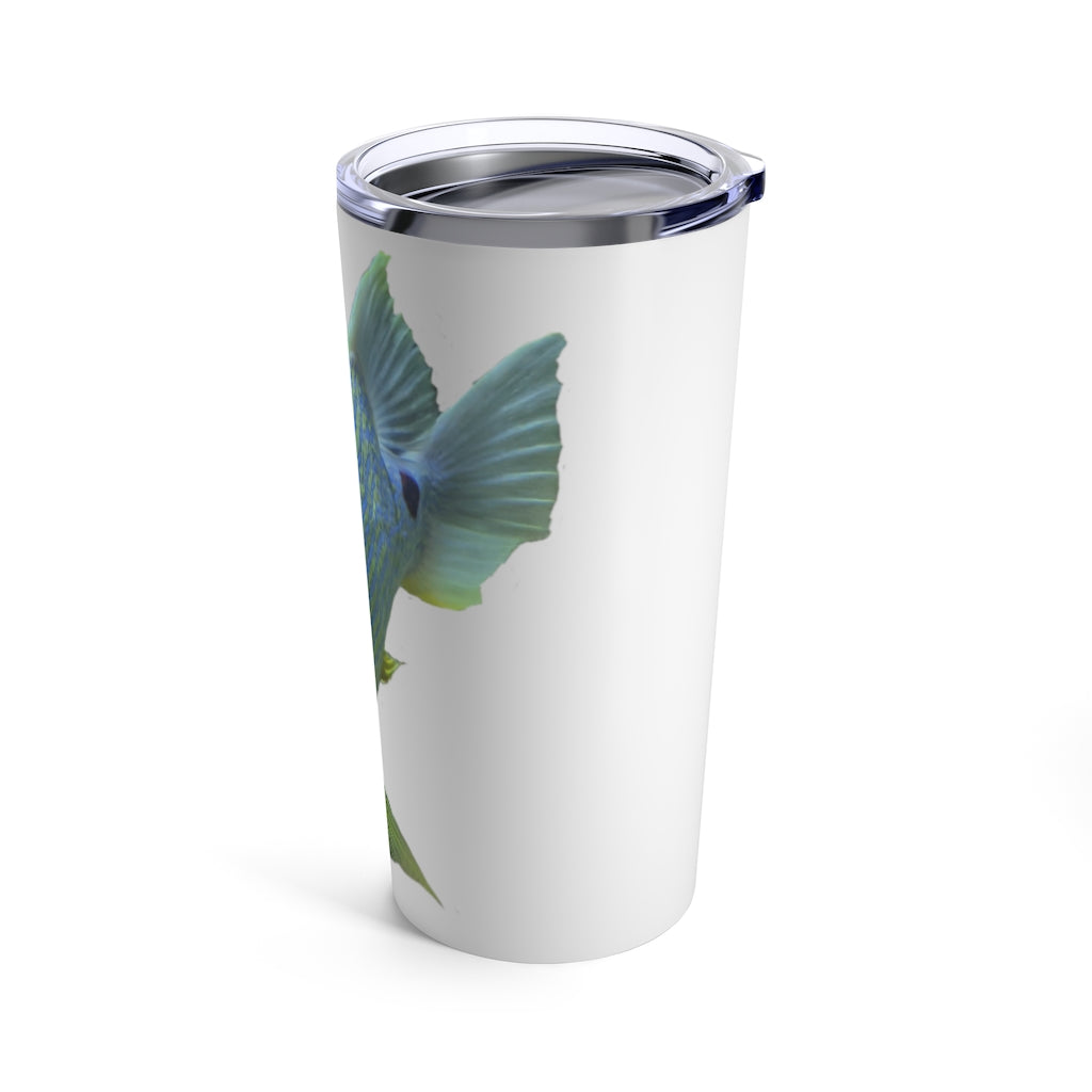 Light Blue Fish Tumbler 20oz made of stainless steel with a see-thru plastic lid, featuring a vibrant fish design.