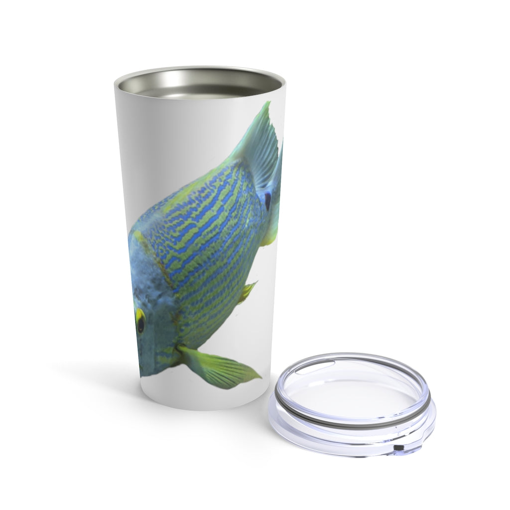 Light Blue Fish Tumbler 20oz made of stainless steel with a see-thru plastic lid, featuring a vibrant fish design.