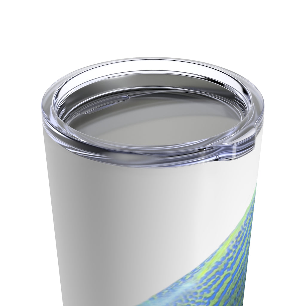 Light Blue Fish Tumbler 20oz made of stainless steel with a see-thru plastic lid, featuring a vibrant fish design.