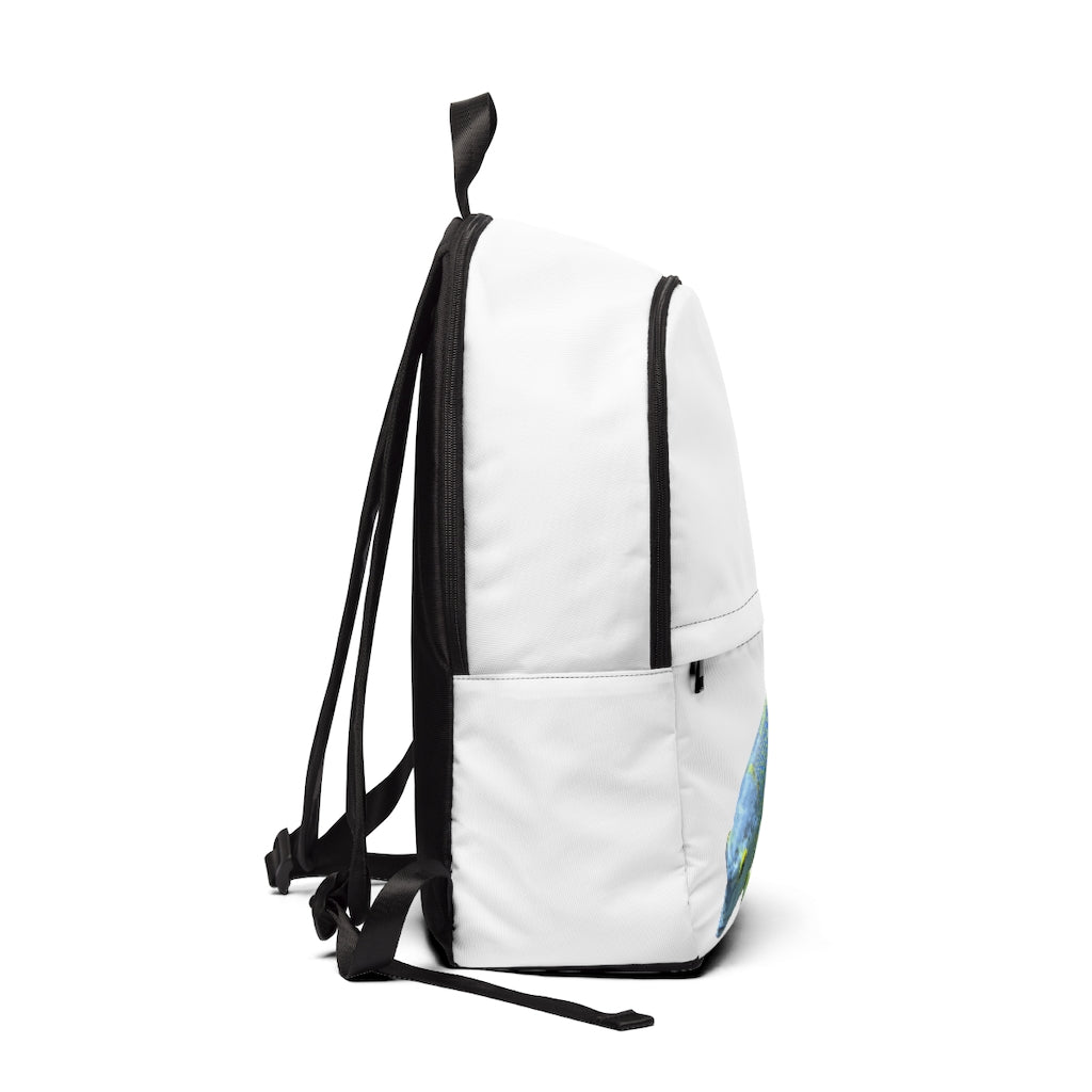 Light Blue Fish Unisex Fabric Backpack with padded back panel and adjustable straps, perfect for school and travel.