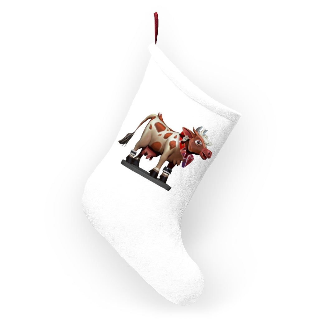 Light Brown Cow Christmas Stocking with twill ribbon loop, made of soft polyester fleece, perfect for holiday decor.