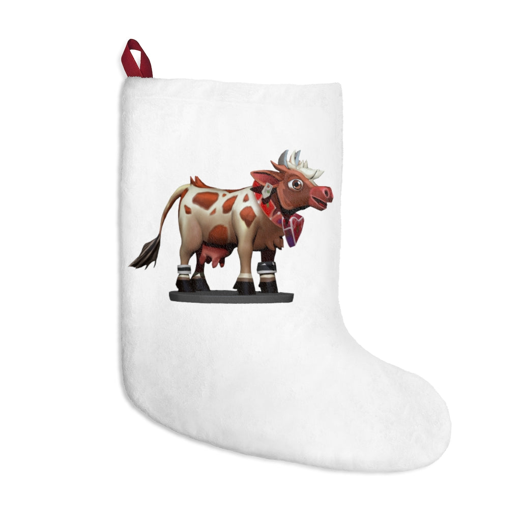 Light Brown Cow Christmas Stocking with twill ribbon loop, made of soft polyester fleece, perfect for holiday decor.