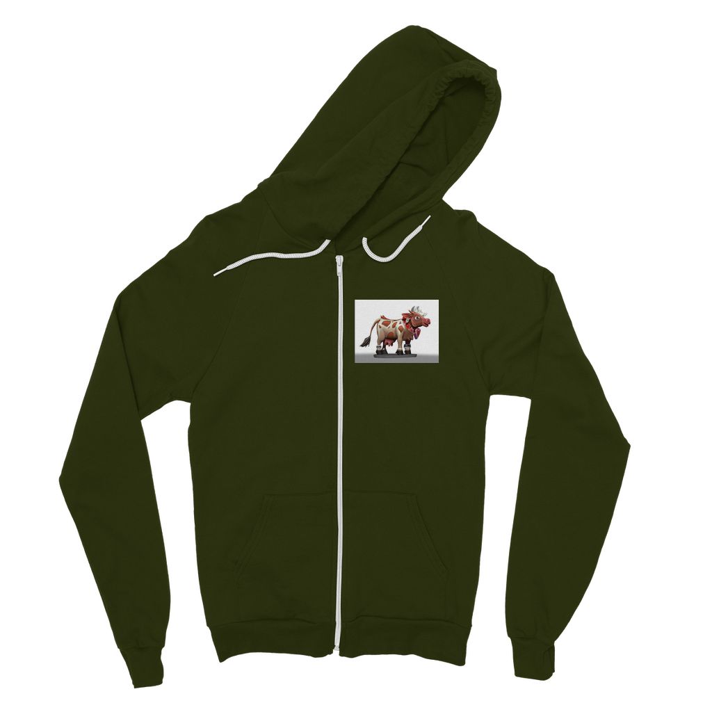 Light Brown Cow Classic Adult Zip Hoodie featuring a zip front, kangaroo pocket, and double fabric hood, perfect for casual wear.