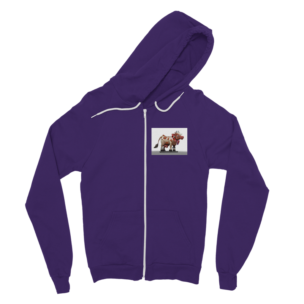 Light Brown Cow Classic Adult Zip Hoodie featuring a zip front, kangaroo pocket, and double fabric hood, perfect for casual wear.