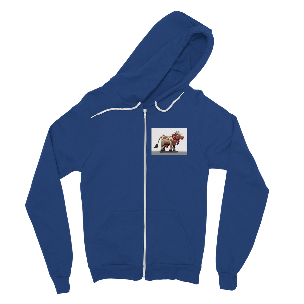 Light Brown Cow Classic Adult Zip Hoodie featuring a zip front, kangaroo pocket, and double fabric hood, perfect for casual wear.