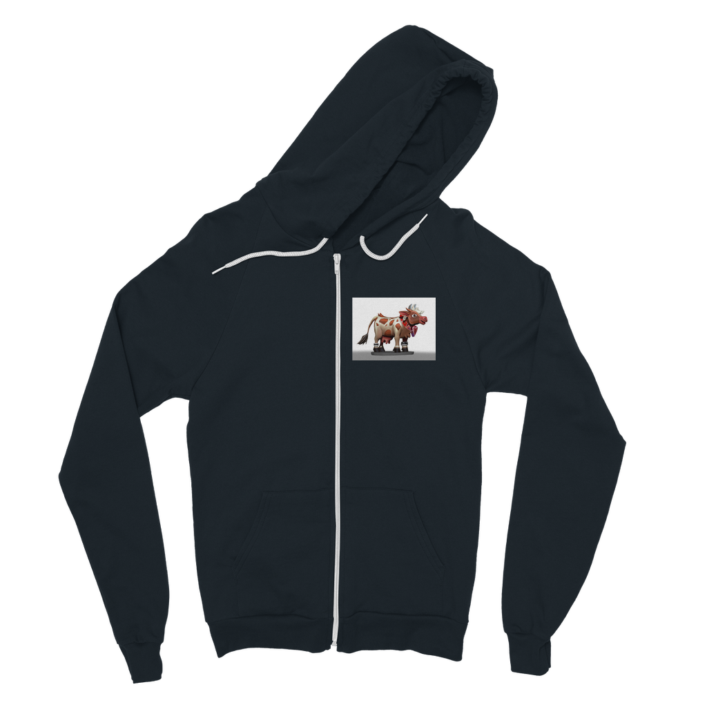 Light Brown Cow Classic Adult Zip Hoodie featuring a zip front, kangaroo pocket, and double fabric hood, perfect for casual wear.