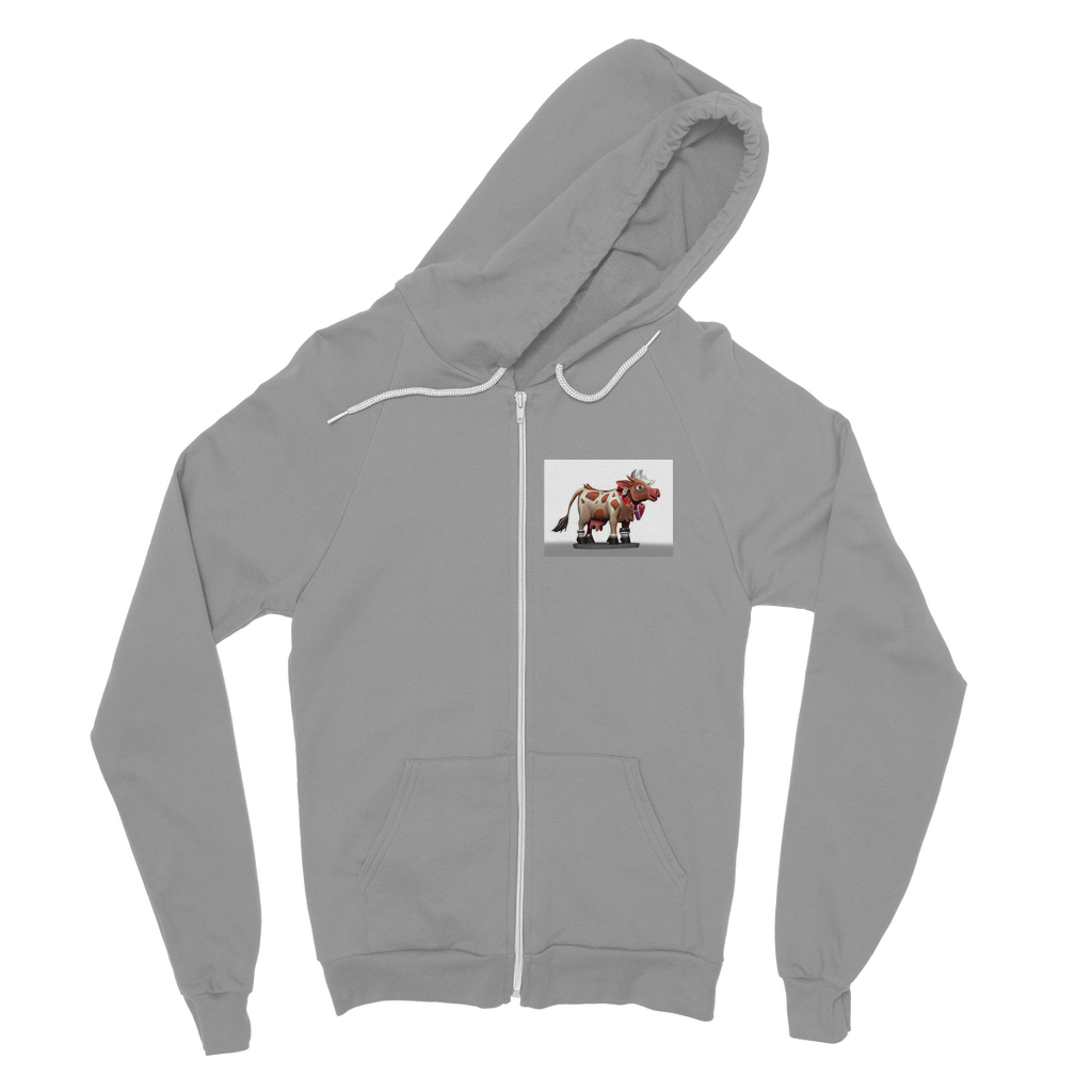 Light Brown Cow Classic Adult Zip Hoodie featuring a zip front, kangaroo pocket, and double fabric hood, perfect for casual wear.