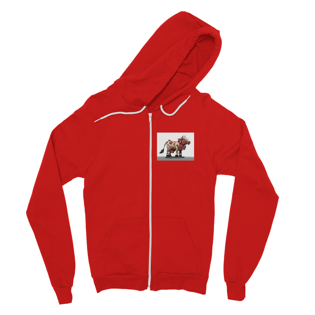 Light Brown Cow Classic Adult Zip Hoodie featuring a zip front, kangaroo pocket, and double fabric hood, perfect for casual wear.