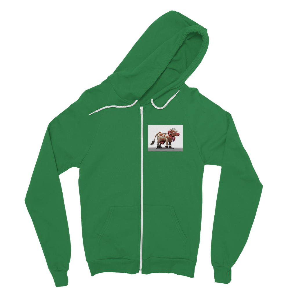 Light Brown Cow Classic Adult Zip Hoodie featuring a zip front, kangaroo pocket, and double fabric hood, perfect for casual wear.