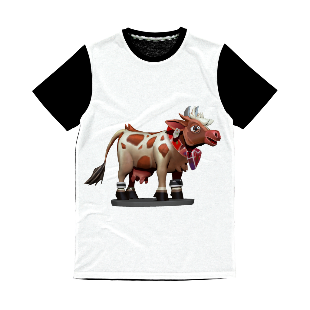 Light Brown Cow Classic Sublimation Panel T-Shirt featuring a vibrant front design and a plain black back, perfect for sublimation printing.