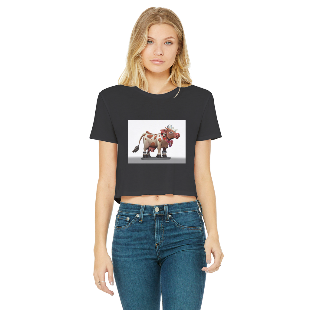 Light Brown Cow Classic Women's Cropped Raw Edge T-Shirt featuring a stylish cropped design and raw edge hem.