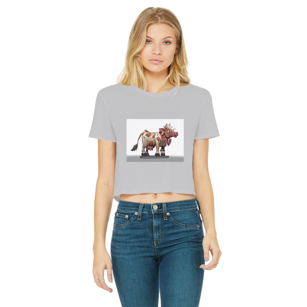 Light Brown Cow Classic Women's Cropped Raw Edge T-Shirt featuring a stylish cropped design and raw edge hem.