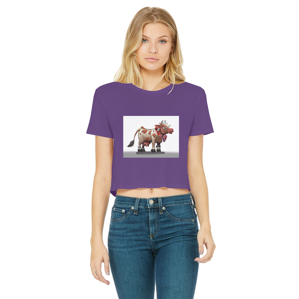 Light Brown Cow Classic Women's Cropped Raw Edge T-Shirt featuring a stylish cropped design and raw edge hem.