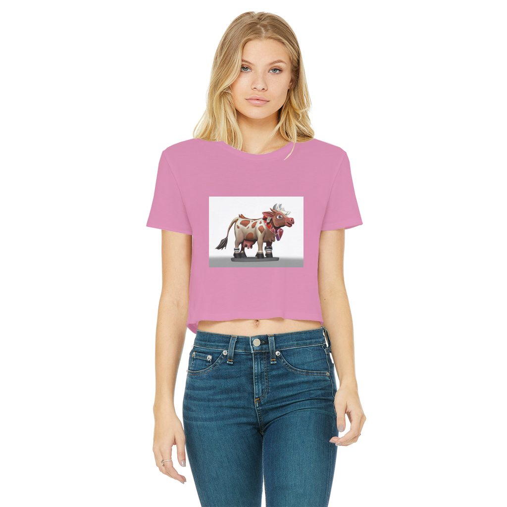 Light Brown Cow Classic Women's Cropped Raw Edge T-Shirt featuring a stylish cropped design and raw edge hem.