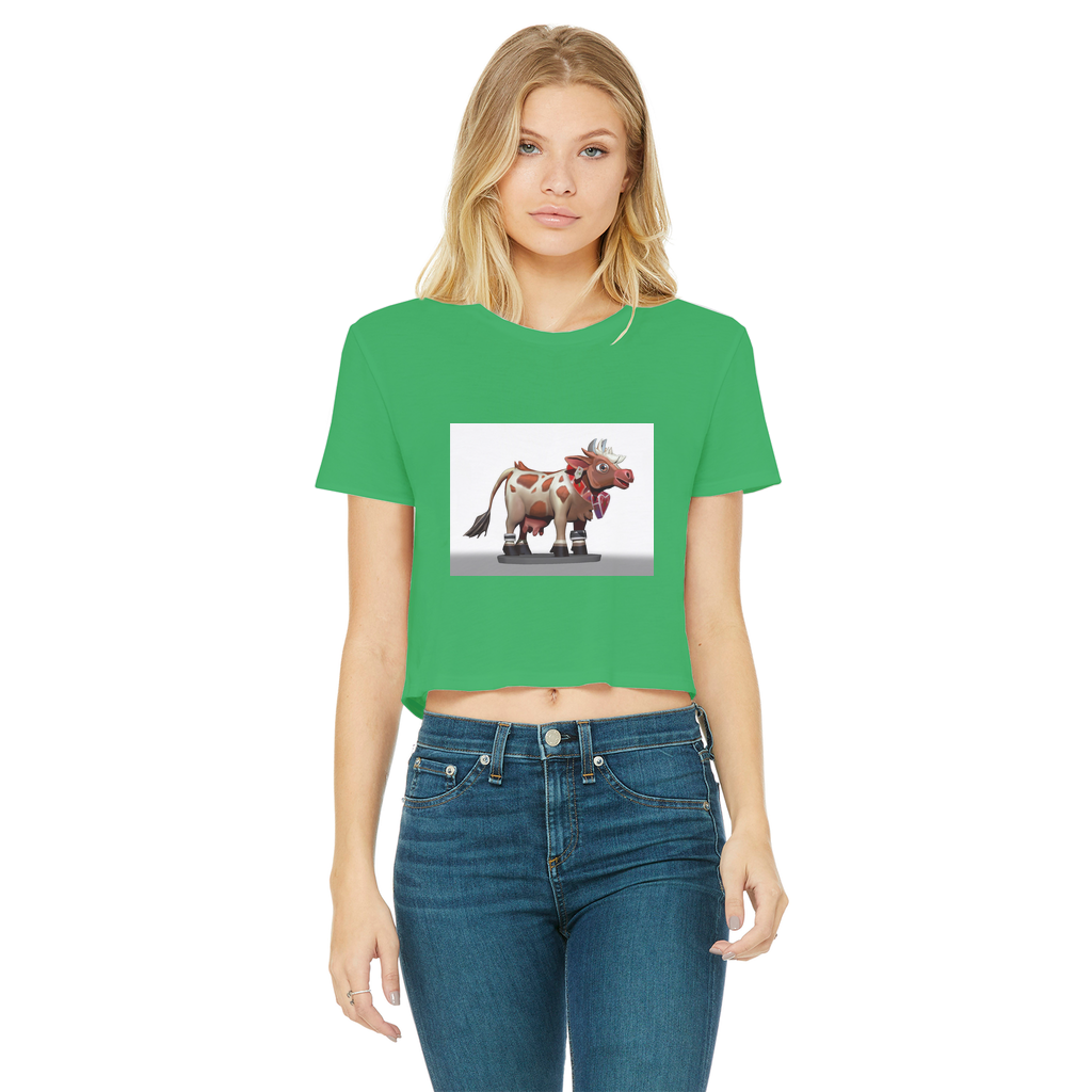 Light Brown Cow Classic Women's Cropped Raw Edge T-Shirt featuring a stylish cropped design and raw edge hem.