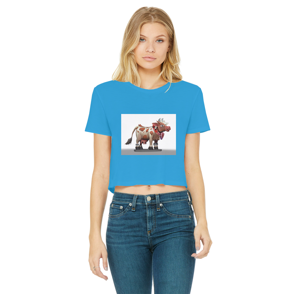 Light Brown Cow Classic Women's Cropped Raw Edge T-Shirt featuring a stylish cropped design and raw edge hem.