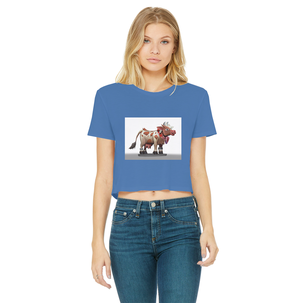 Light Brown Cow Classic Women's Cropped Raw Edge T-Shirt featuring a stylish cropped design and raw edge hem.