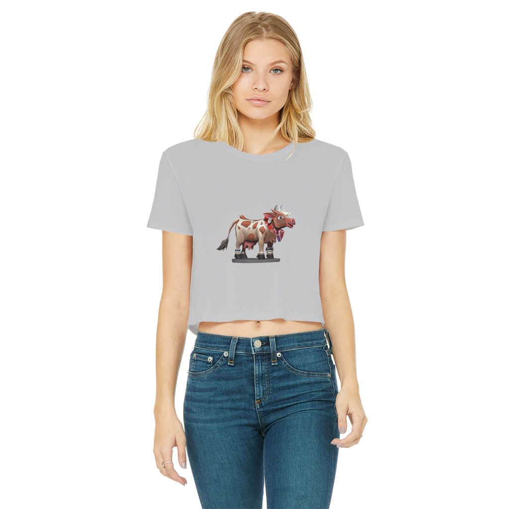 Light Brown Cow Classic Women's Cropped Raw Edge T-Shirt featuring a raw edge hem and short sleeves, made from soft cotton.