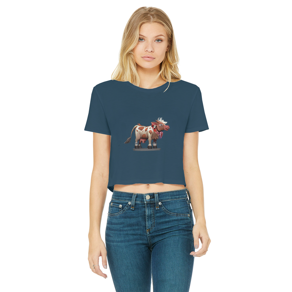 Light Brown Cow Classic Women's Cropped Raw Edge T-Shirt featuring a raw edge hem and short sleeves, made from soft cotton.